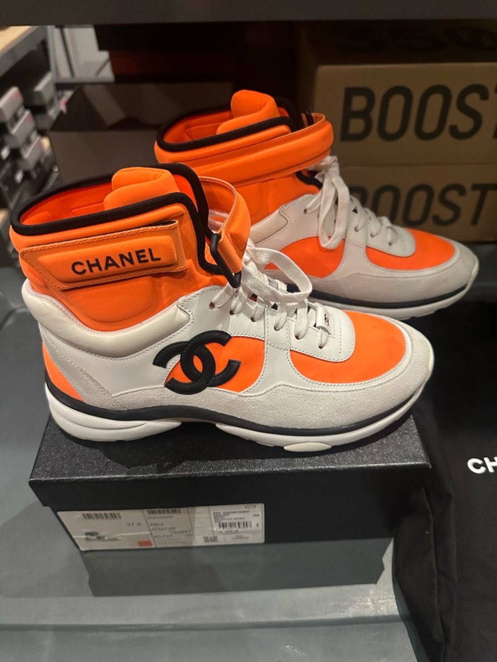 CHANEL Neon Orange and White CC Logo High-Top Sneakers - Picture 4 of 10